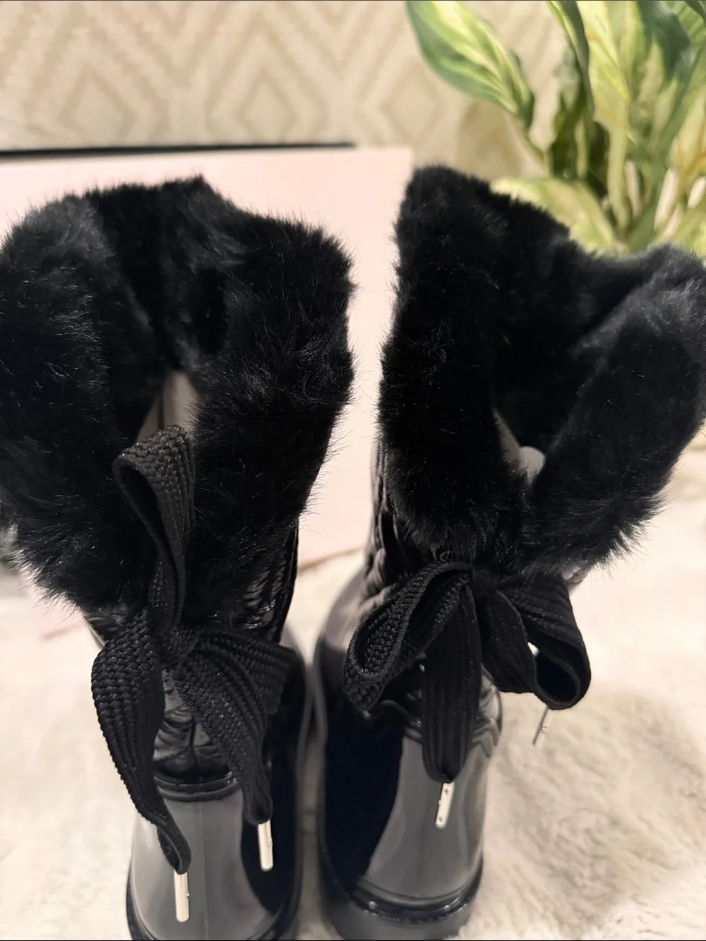 kate spade Black Patent Quilted Fur-Trim Winter Boots with Heart Detail